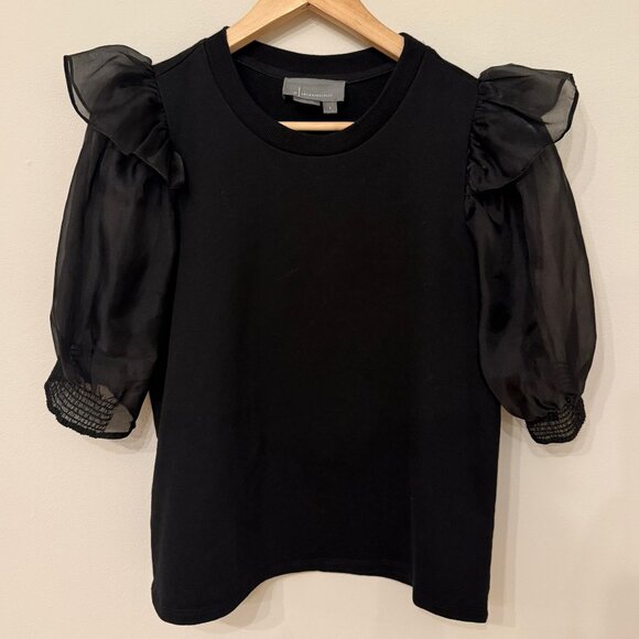 Black Anthropologie Top with Shoulder Ruffle and Sheer Sleeve, Small - Picture 1 of 5